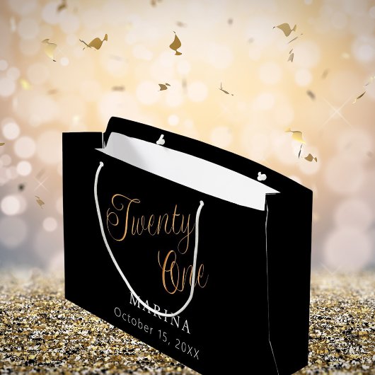 Grand Sac Cadeau Script de nom d'or noir 21e anniversaire