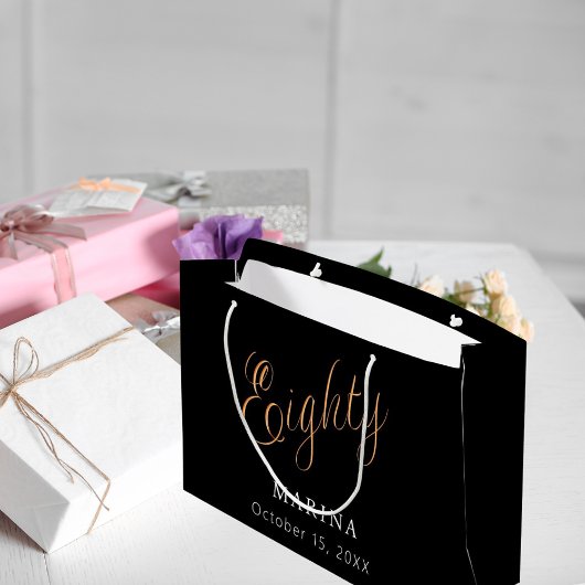 Grand Sac Cadeau Script de nom en or noir 80e anniversaire