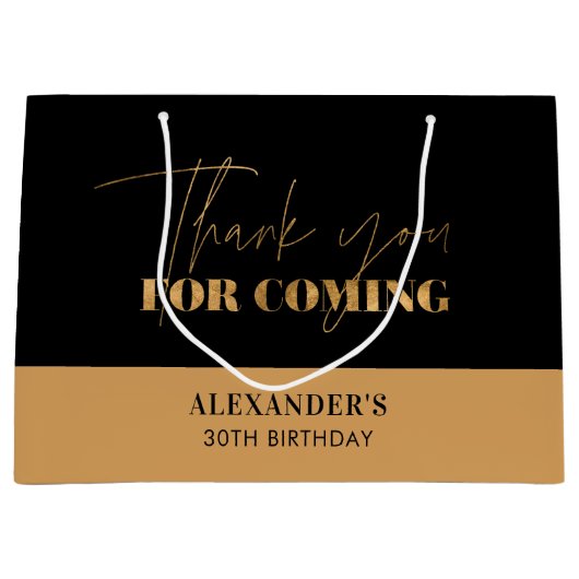 Grand Sac Cadeau Script noir et or chic Merci d'anniversaire (Devant)