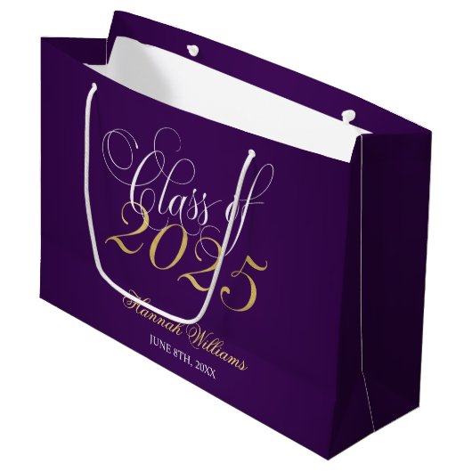 Grand Sac Cadeau Script Purple Gold Classe de 2025 Graduation (Devant Angle)