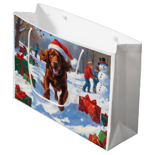 Grand Sac Cadeau Setter Rouge Irlandais Courant dans la Neige avec