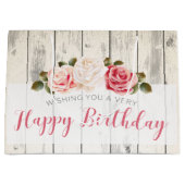 Grand Sac Cadeau Shabby Chic Rose Rustic Wood Joyeux anniversaire (Devant)