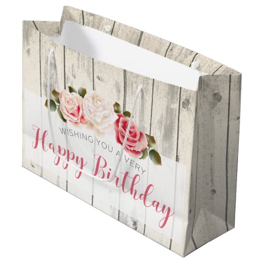 Grand Sac Cadeau Shabby Chic Rose Rustic Wood Joyeux anniversaire (Devant Angle)