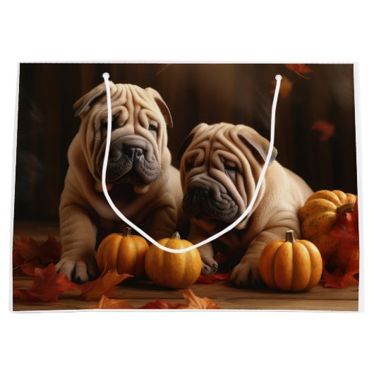 Grand Sac Cadeau Shar Pei Chiot Automne Citrouille de plaisir (Devant)