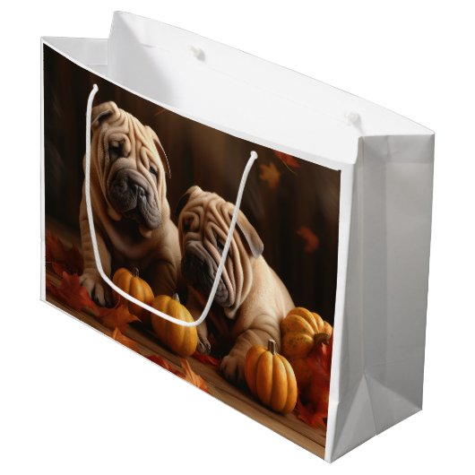 Grand Sac Cadeau Shar Pei Chiot Automne Citrouille de plaisir (Devant Angle)