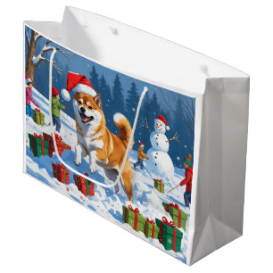 Grand Sac Cadeau Shiba Inu courant dans la neige avec un chapeau de