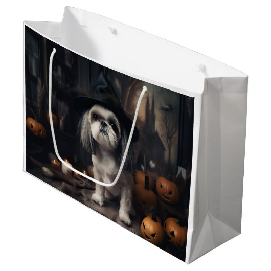 Grand Sac Cadeau Shih Tzu Citrouilles Halloween effrayant (Devant Angle)