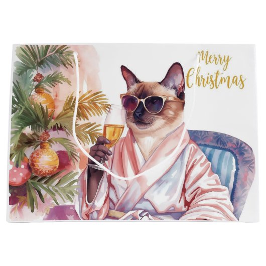 Grand Sac Cadeau Siamese Cat Glam Christmas Sipping Champagne (Devant)