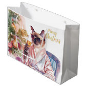 Grand Sac Cadeau Siamese Cat Glam Christmas Sipping Champagne (Devant Angle)