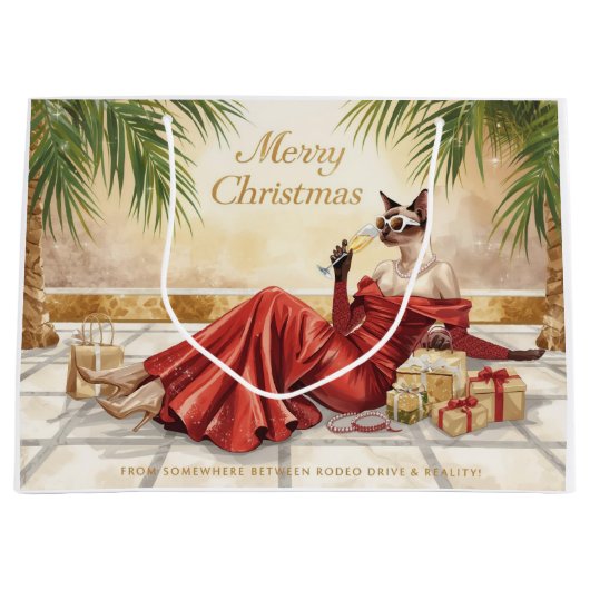 Grand Sac Cadeau Siamese Cat Glam Christmas Sipping Champagne (Devant)