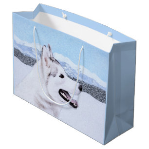Grand Sac Cadeau Sibérie Husky (argent et blanc) Peinture Chien Art