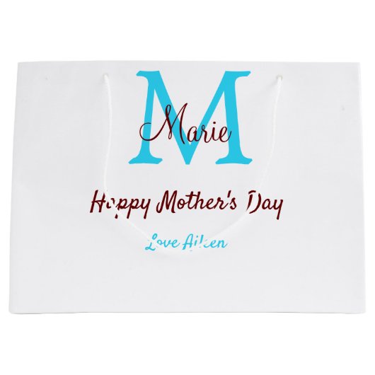 Grand Sac Cadeau simple minimum jour mère bleu monogramme rose nom (Devant)