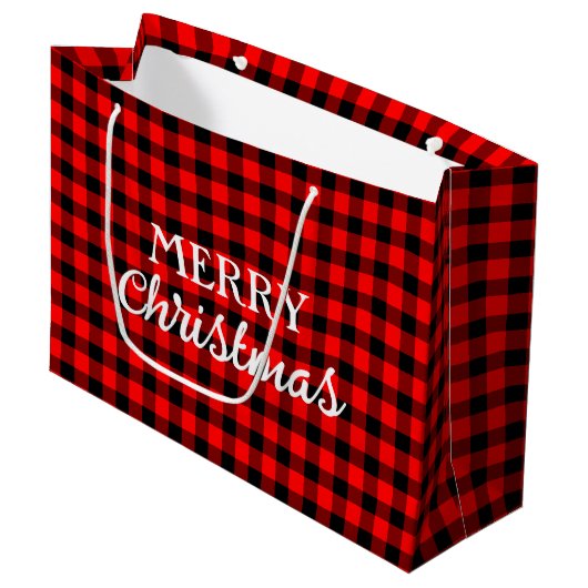 Grand Sac Cadeau Simple Russe Buffalo Plaid Rouge Joyeux Noël (Devant Angle)