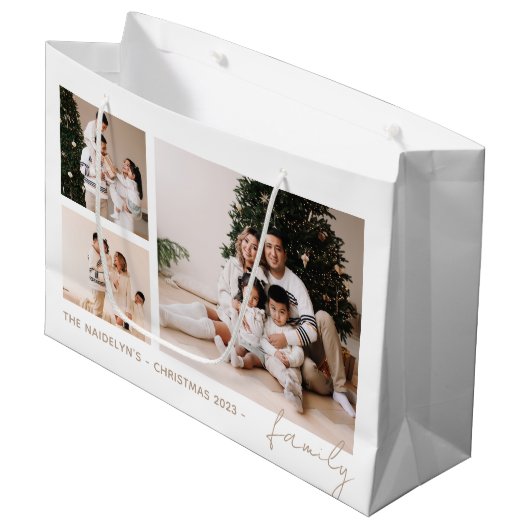 Grand Sac Cadeau Simple Script Family Photo Collage Vacances (Devant Angle)