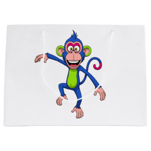 Grand Sac Cadeau Singe de dessin animé bleu et vert heureux