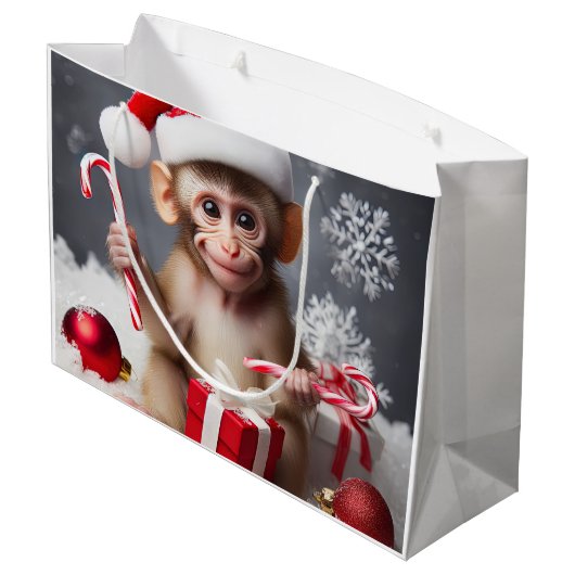 Grand Sac Cadeau Singe mignon avec chapeau de Père Noël (Dos Angle)