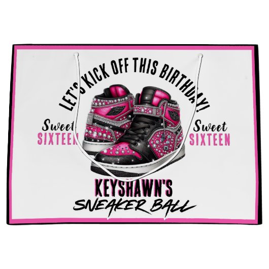 Grand Sac Cadeau Sneaker Ball Pink & Black Glitter Birthday (Devant)