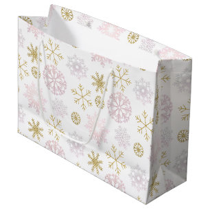 Grand Sac Cadeau Snowflake Winter Wonderland en rose et or