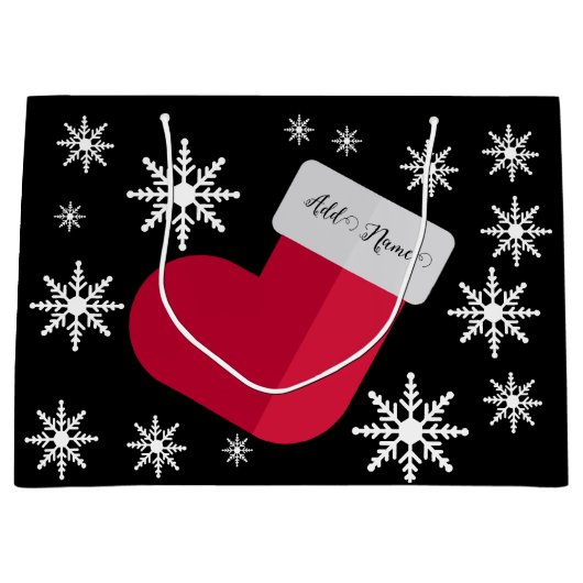 Grand Sac Cadeau Snowflakes et Christmas Stocker Ajouter Nom Grand (Devant)