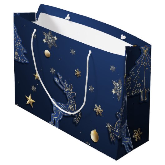 Grand Sac Cadeau Snowflakes Gold Blue Christmas Tree Reindeder (Dos Angle)