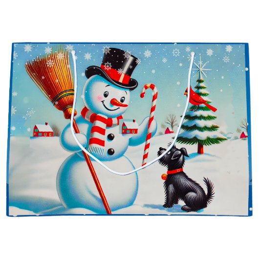 Grand Sac Cadeau Snowman Rétro, Chien Maigre, Cardinal Rouge Et Arb (Devant)