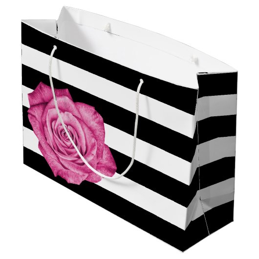 Grand Sac Cadeau Soirée de mariage moderne rose noir blanc rayé (Dos Angle)