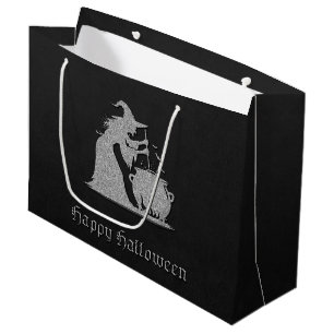 Grand Sac Cadeau Sorcière en argent et Halloween Cauldron