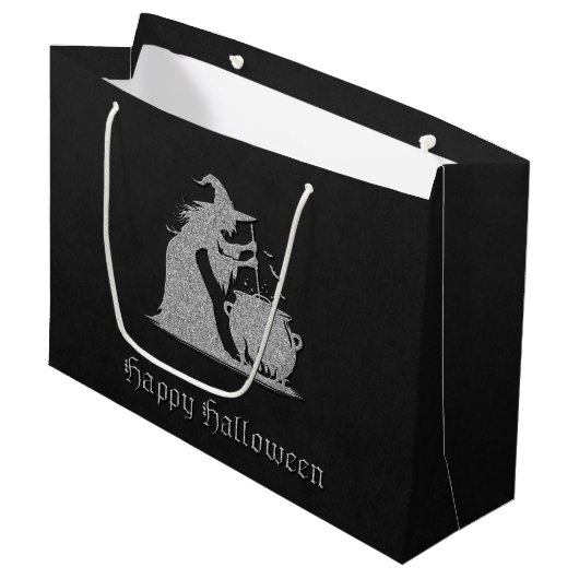 Grand Sac Cadeau Sorcière en argent et Halloween Cauldron (Devant Angle)