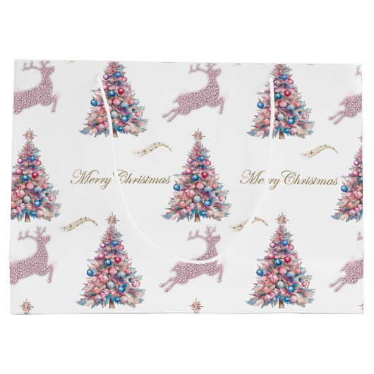 Grand Sac Cadeau Sparkling Reindeer and Pastel Christmas Trees Pink (Dos)
