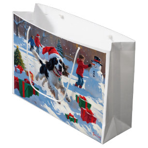 Grand Sac Cadeau Springer Spaniel courant dans la neige avec un cha