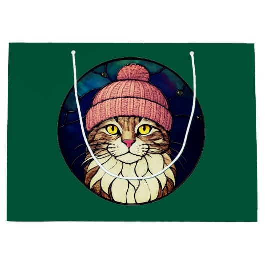 Grand Sac Cadeau Stained-Glass Christmas Tabby Cat In Pink Cap (Devant)
