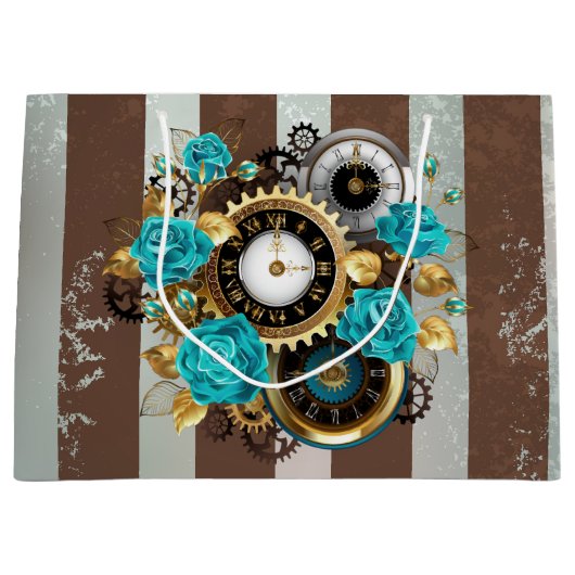 Grand Sac Cadeau Steampunk Clock and Turquoise Roses on Striped (Devant)