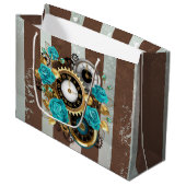 Grand Sac Cadeau Steampunk Clock and Turquoise Roses on Striped (Devant Angle)