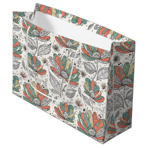 Grand Sac Cadeau Style de dessin abstrait floral pêche vert beige