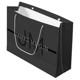 Grand Sac Cadeau Stylé Masculin Gris Foncé Nom & Monogramme 