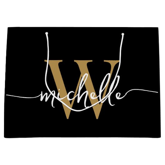 Grand Sac Cadeau Style moderne Noir Monogramme Or Original Script (Devant)
