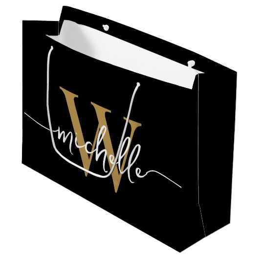 Grand Sac Cadeau Style moderne Noir Monogramme Or Original Script (Devant Angle)