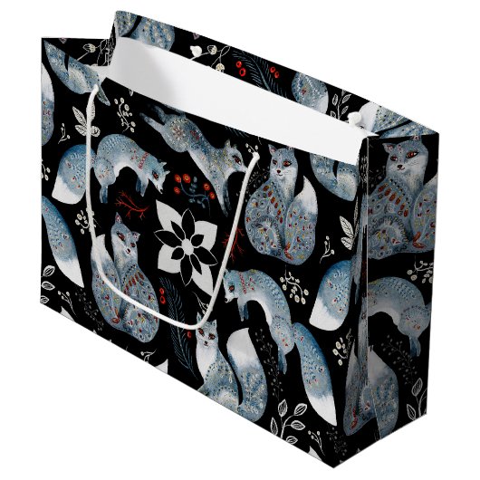 Grand Sac Cadeau  Stylized blue foxes with intricate floral designs (Devant Angle)