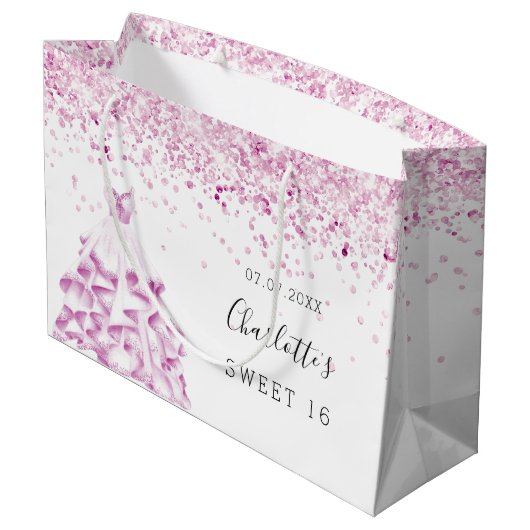 Grand Sac Cadeau Sweet 16 blanc rose parties scintillant nom (Dos Angle)
