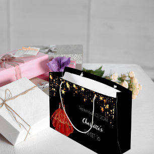 Grand Sac Cadeau Sweet 16 étoiles d'or rouge noir robe tiara