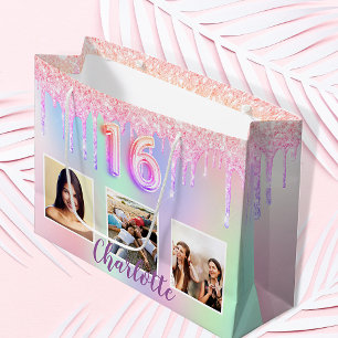 Grand Sac Cadeau Sweet 16 gouttes de parties scintillant arc-en-cie