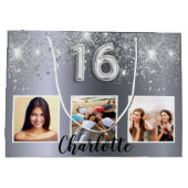 Grand Sac Cadeau Sweet 16 parties scintillant argent photo (Dos)
