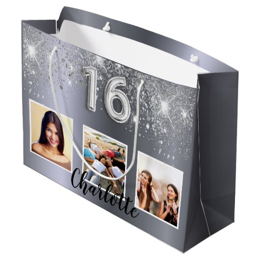 Grand Sac Cadeau Sweet 16 parties scintillant argent photo (Dos Angle)