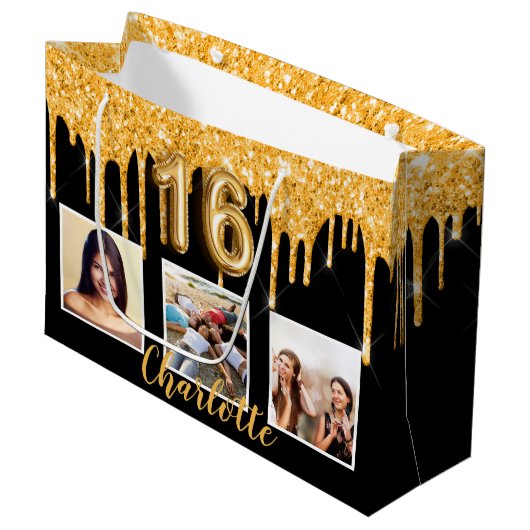 Grand Sac Cadeau Sweet 16 parties scintillant en or noir gouttes ph (Devant Angle)