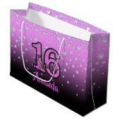 Grand Sac Cadeau Sweet 16 rose violet nom de diamants noirs (Devant Angle)