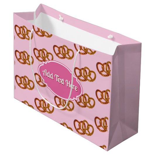 Grand Sac Cadeau Sweet Pretzel Motif & nom propre ou saluant rose (Devant Angle)