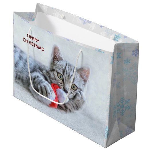 Grand Sac Cadeau Tabby gris mou Chat avec Noël Casquette (Devant Angle)