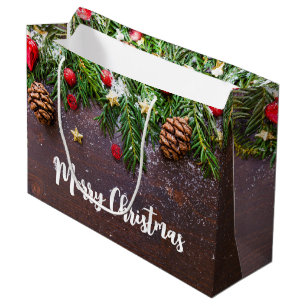 Grand Sac Cadeau Table de Noël rustique avec pin et neige