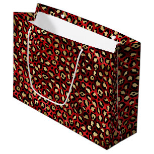 Grand Sac Cadeau Taches de léopard en feuille d'or et rouge élégant