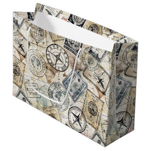 Grand Sac Cadeau Tampon de passeport rustique motif voyage (4)
